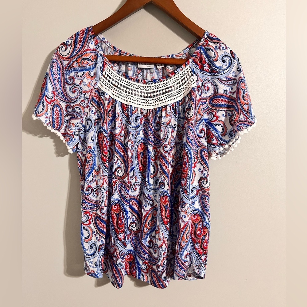 Kim Rogers Red and White Flutter Sleeve Smocked Blouse